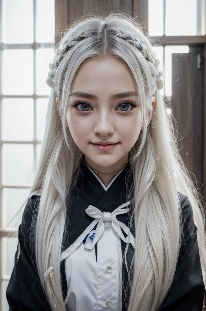 Masterpiece, Best Quality,1 girl、Kimetsu no Yaiba style、uniform hashira、  hair white、long hair、white hair、smiles、    cold、   holding swordyellow eyes、  light eyes、cold、background Kimetsu no Yaiba、 