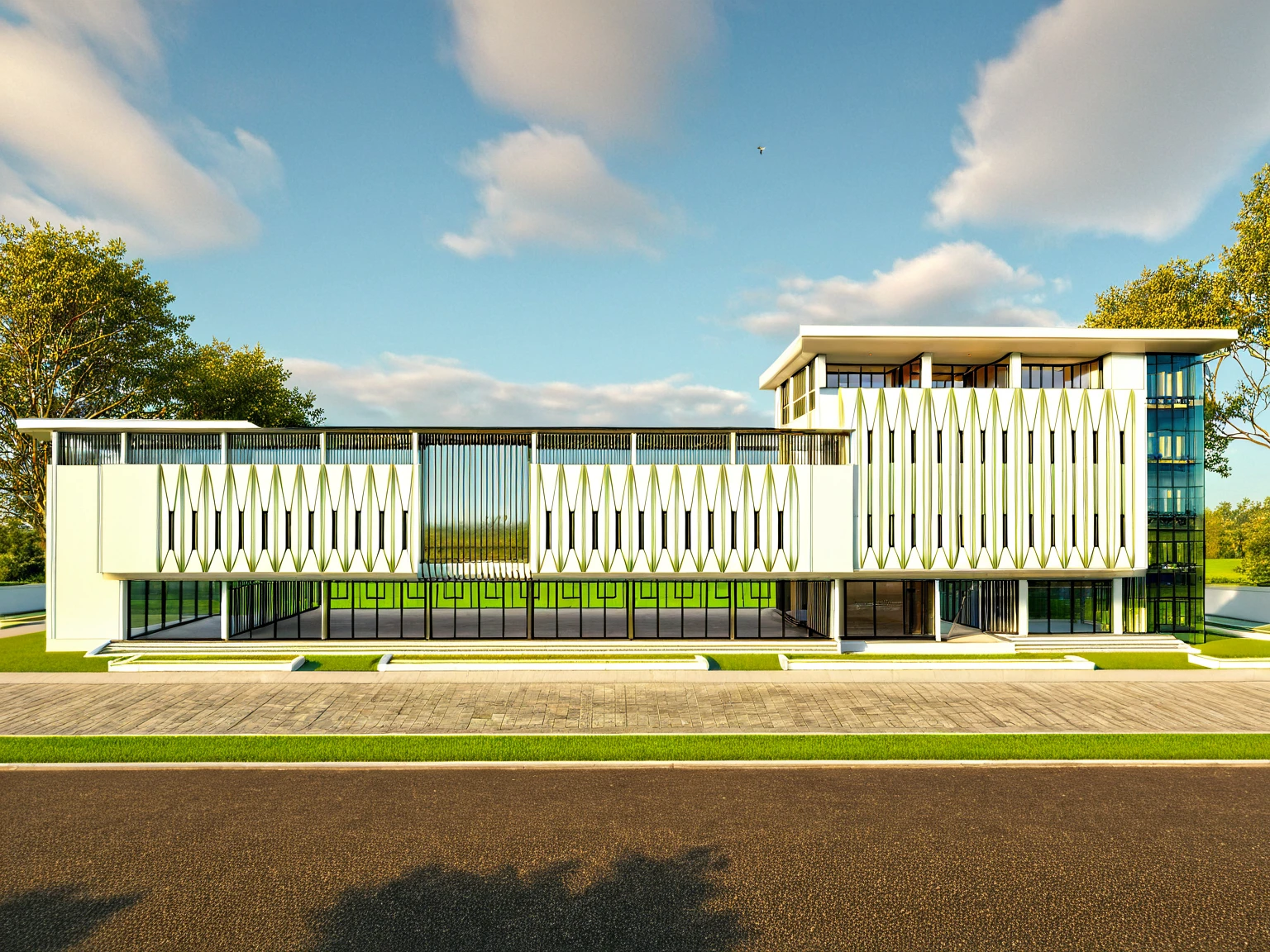 Masterpiece, high quality, best quality, authentic, super detail, 3d, shadow, outdoors, wedding center style neoclassic, white wall, glass windows, gate road, pavement, grass, trees, blue sky, sunset, cloud, (day:1.1), realistic lighting
