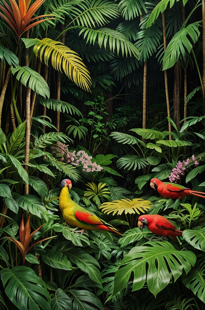 The image depicts a lush, vibrant jungle scene with various tropical plants and birds. At the center of the image, there is a large, stylized letter "RUPALI" that appears to be integrated into the jungle environment. The letter is surrounded by dense foliage, colorful parrots, and other elements of a tropical rainforest, creating a harmonious blend of nature and typography. The overall aesthetic is rich and detailed, with a focus on the natural beauty of the jungle