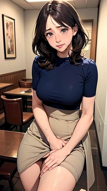 1 Woman, Japanese Woman,(Housewife:1.5),(40 Years Old:1.68),(Attractive Mature Woman:1.66),(Middle Age:1.78),(Small Round Face:1,69),(small breasts:1.5),((graduated haircut)),Casual, simple blouse,V-neckline,knee-length skirt, blouse in bright colors,pastel shades,(((cafe interior,in room))),(Pressing the crotch with the hand on the skirt:1.72),(aroused:1.55),(tears:1.14)
