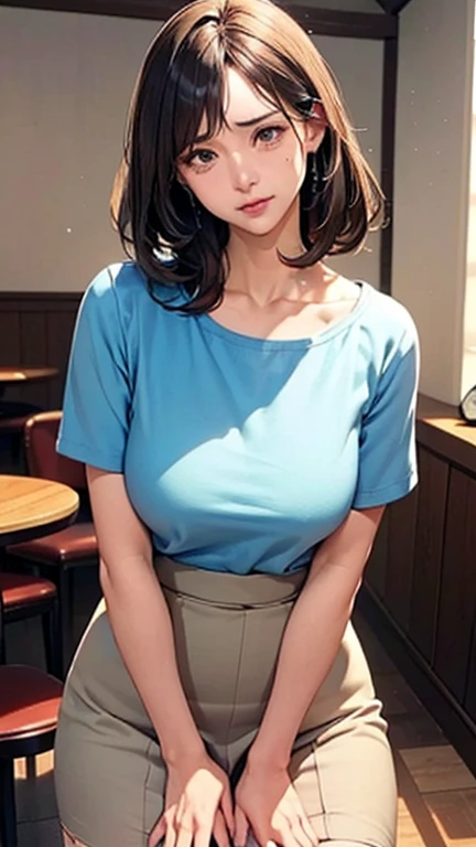 1 Woman, Japanese Woman,(Housewife:1.5),(40 Years Old:1.68),(Attractive Mature Woman:1.66),(Middle Age:1.78),(Small Round Face:1,69),(small breasts:1.5),((graduated haircut)),Casual, simple blouse,V-neckline,knee-length skirt, blouse in bright colors,pastel shades,(((cafe interior,in room))),(Pressing the crotch with the hand on the skirt:1.72),(aroused:1.55),(tears:1.14)