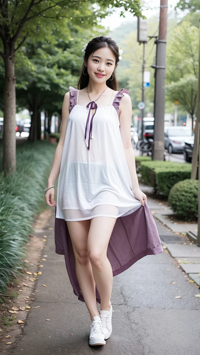 ((Best image quality, 8K, masterpiece:1.3)), 1 Girl, Beautiful woman with slim abdominal muscles:1.3, (Casual Hairstyle, plum bossom:1.2), (Shift Dress:1.1),36 inch chest size(a charming smile:1), (sexy pose),, Ultra-thin face, Delicate eyes, Double eyelids,Smile,(A girl in the forest), Full body posture, Solitary, Perfect body, Become a, White shoes,