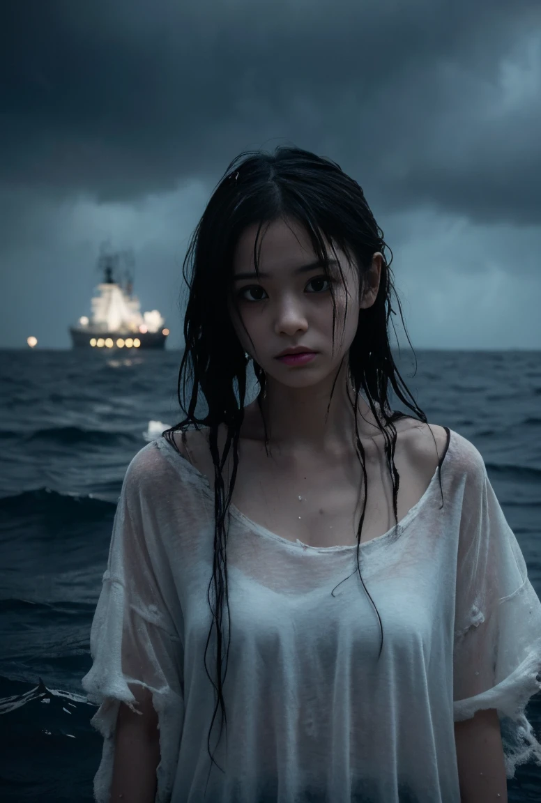 Create a haunting image of Funayurei, a ghostly woman with a decayed appearance, wet hair, and tattered clothing. She should be depicted standing on a ghostly, old ship or floating just above the water’s surface in a dark, stormy sea. Her expression should be mournful, and the atmosphere should be filled with a sense of doom.
