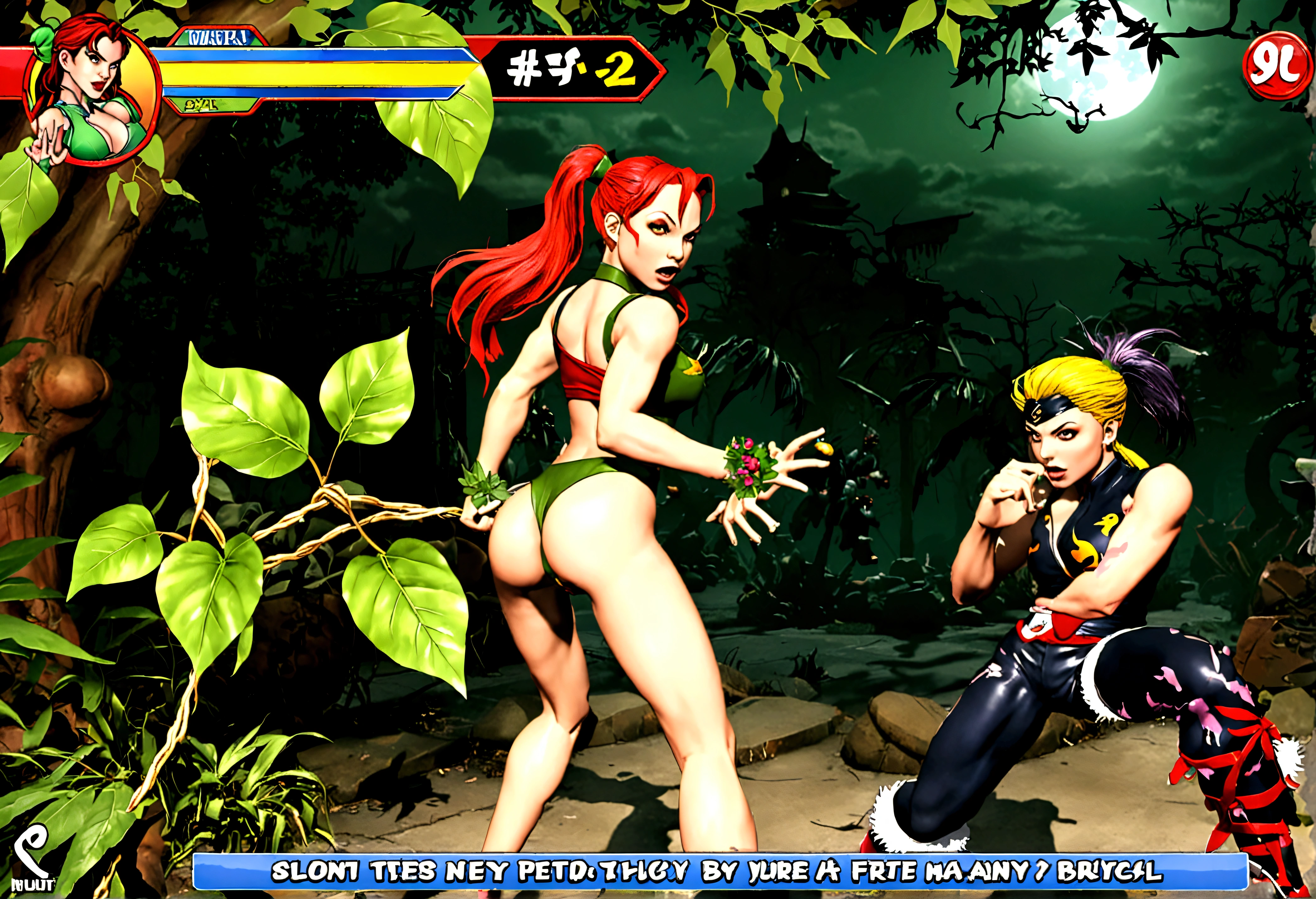 (street Fighter 2 16 bit game) DC character 'poison ivy' has animated plant (thorn,vine,flower) beasts to demolish a horde of zombie (rotten people) emerging from a swap, moonlit swamp, show the epic battle of plants vs. zombies, (bonus round destroy as many zombies as you can with Poison Ivy's plant lash attack)