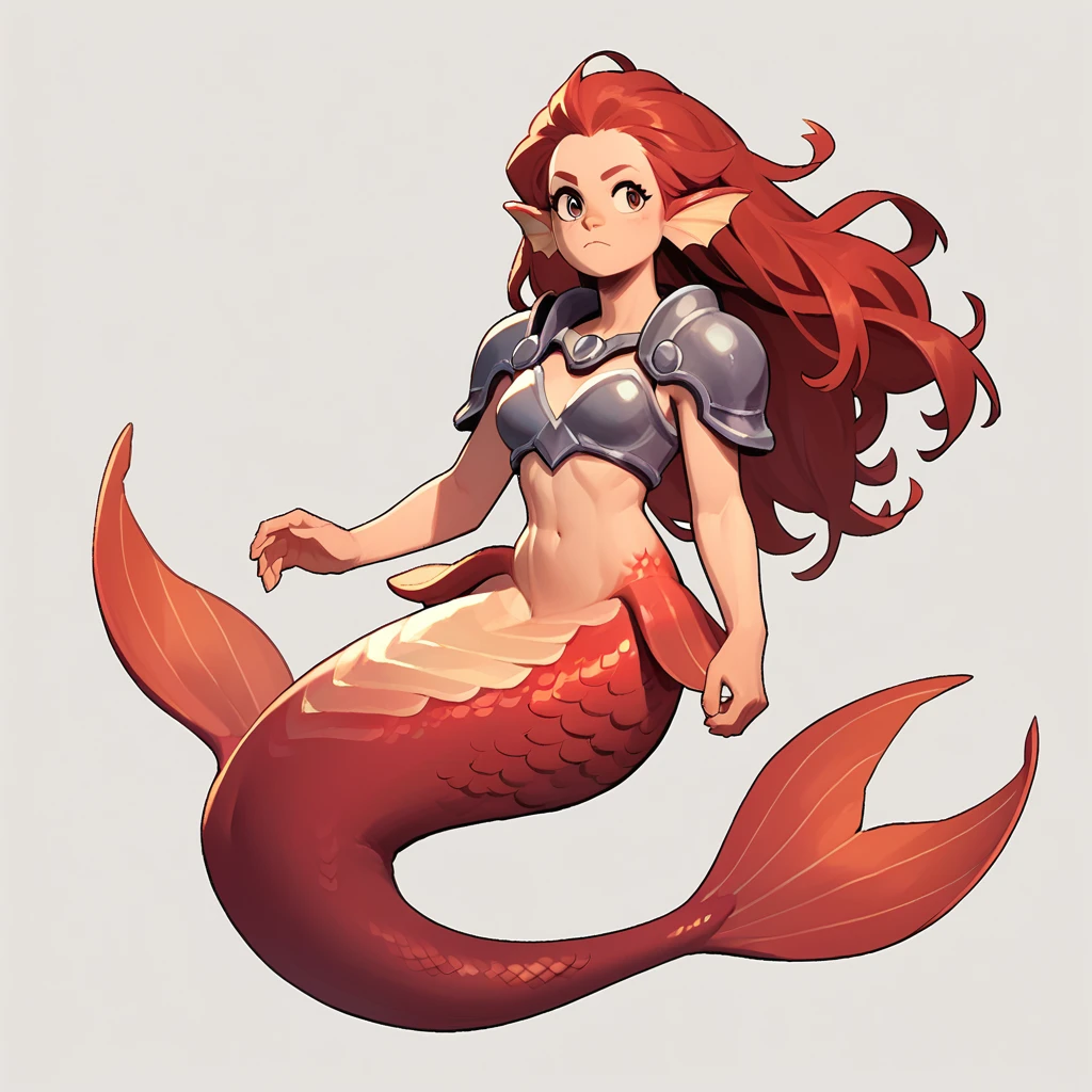 full body view of a furry mermaid, female, long hair, red and white color, having steel shoulder pads