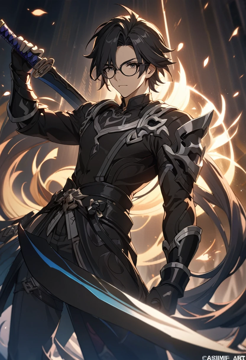 ((solo)), black eyes,black round glasses, black hair, long messy hair,, a close up of a person with a katana,  in a field of dark spirit aura,swordman, detailed key anime art, honkai star trail character, casimir art, masamune shiro, masamune, handsome guy in demon slayer art, genshin, heise jinyao, shadowverse style, (no logos), darkness, dark powers, black aura, detailed clothes, depth of field, cinematic lighting, ray tracing, UHD, high details, best quality, highres, high quality, award winning, super detail, masterpiece, 8k
