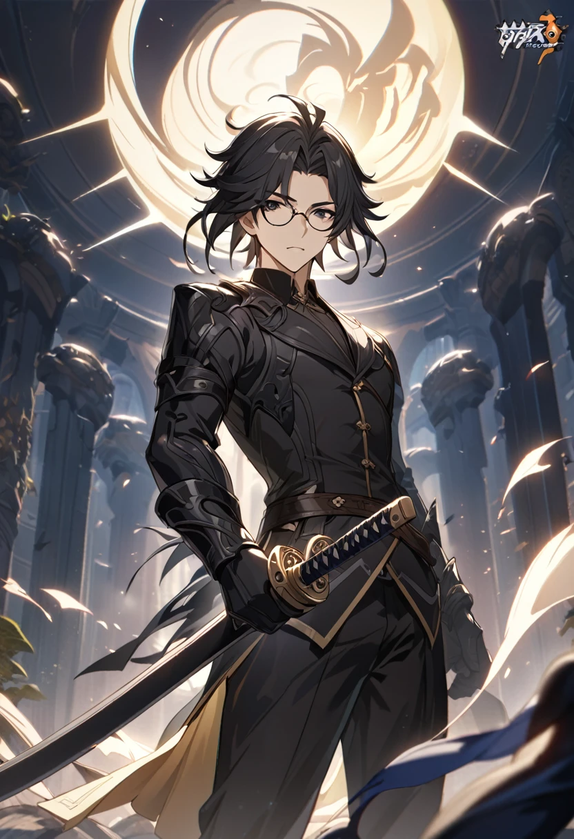 ((solo)), black eyes,black round glasses, black hair, long messy hair,, a close up of a person with a katana, in a field of dark spirit aura,swordman, detailed key anime art, honkai star trail character, casimir art, masamune shiro, masamune, handsome guy in demon slayer art, genshin, heise jinyao, shadowverse style, (no logos), darkness, dark powers, black aura, detailed clothes, depth of field, cinematic lighting, ray tracing, UHD, high details, best quality, highres, high quality, award winning, super detail, masterpiece, 8k