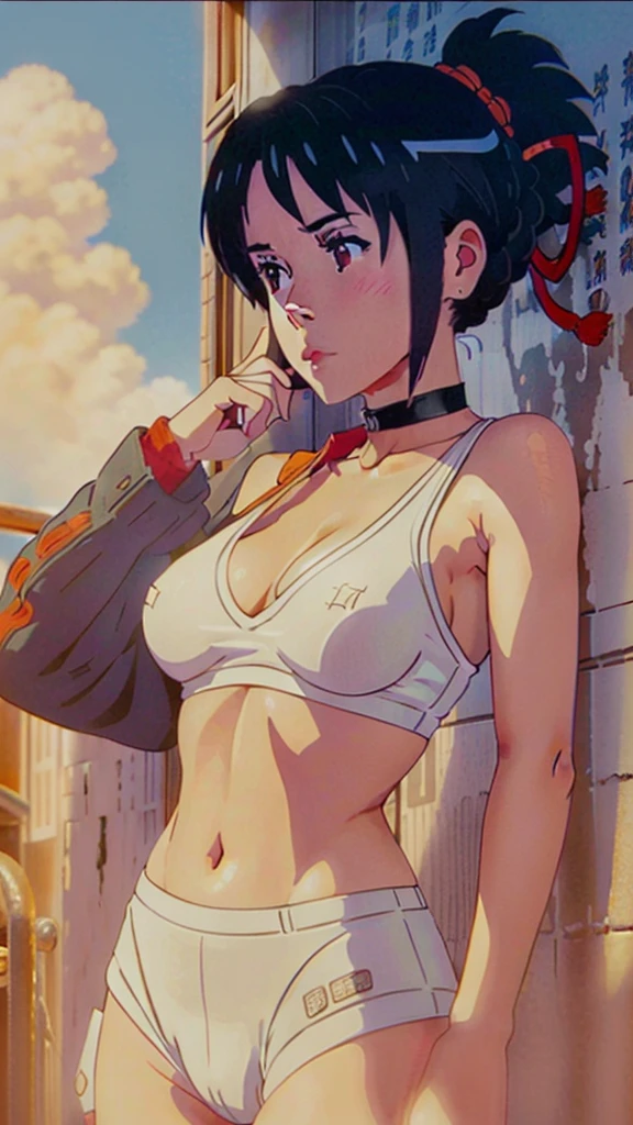 miyamizu_mitsuha, red bowtie,
jewelry, white yoga crop top, white yoga tight shorts, hands on chest,see-through, looking at viewer,  hair ornament, choker, shy,
(masterpiece, top quality, best quality, official art, beautiful and aesthetic:1.2), (1 girl), extreme detailed,  colorful, highest detailed,
(huge breasts:1.2, upper body, from below,  cameltoe,  ) white panties,
china city,street,  sun, cloud, wall, leaning, armpits