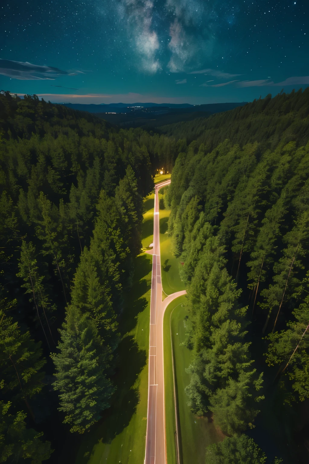 A painting,The picture shows a path with trees on both sides at night,forest,Overlooking,Drone view,