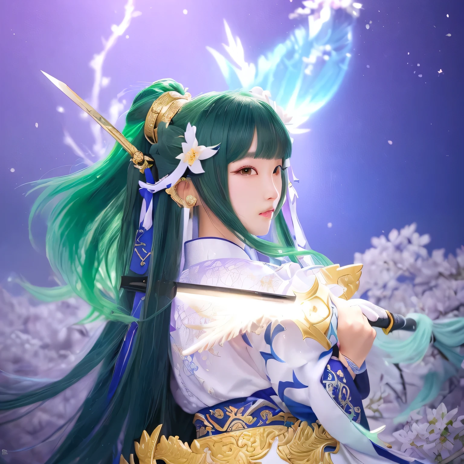 a close up of a person holding a sword in a game, inspired by Pu Hua, portrait knights of zodiac girl, onmyoji detailed art, xianxia hero, onmyoji portrait, onmyoji, yun ling, inspired by Ju Lian, inspired by Wu Li, beautiful celestial mage, inspired by Li Mei-shu, lady palutena