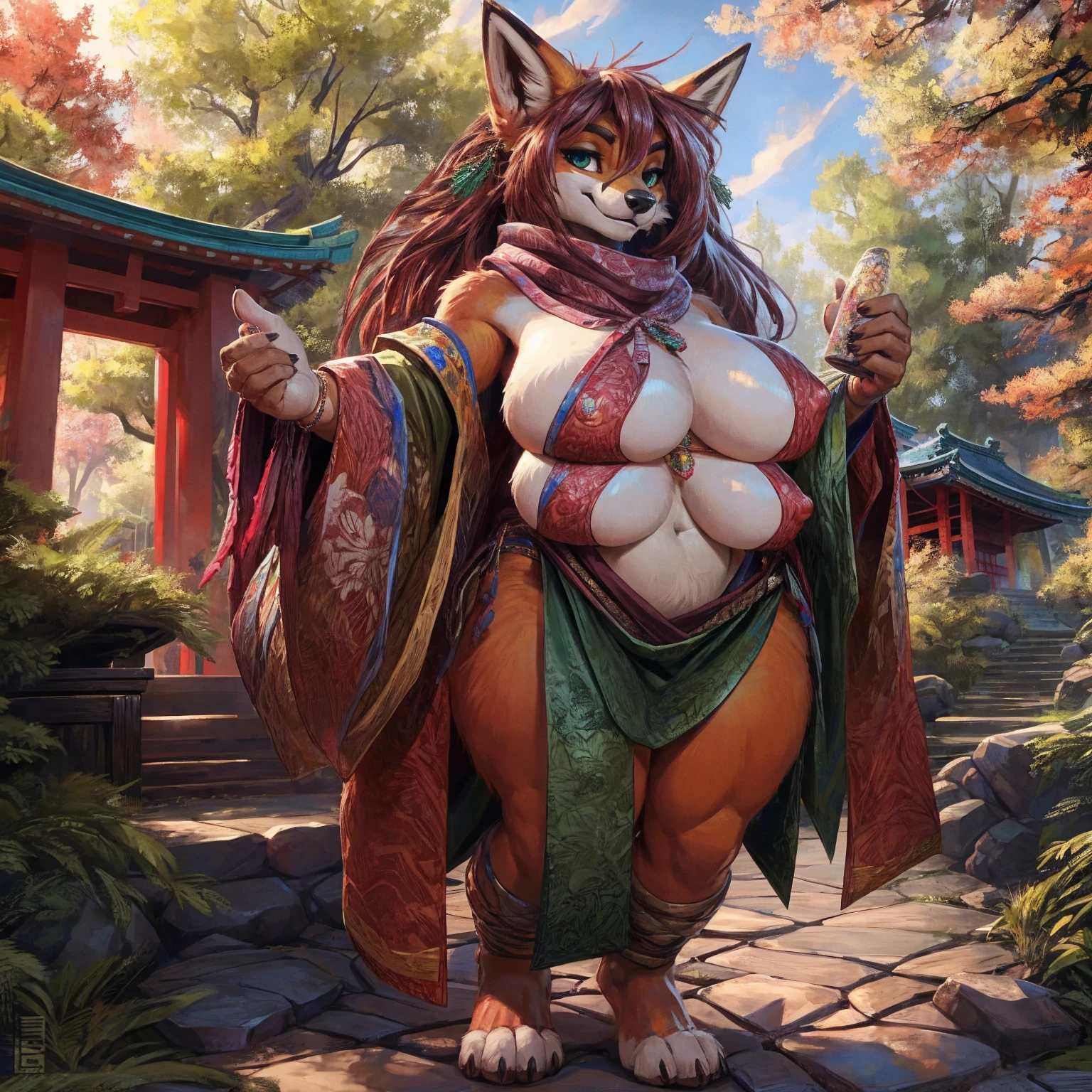 8K, ((masterpiece)), ((stunning artwork)), (carefully drawn), (highly detailed), uploaded to e621.net, solo, fox, female, short woman, shortstack, young woman, curvy, thick, orange fur, white markings, dark red hair, long hair, green eyes, perfect eyes, (four breasts:1.4), (quadboob:1.2), top breasts are larger, huge breasts, nipple outline, furry body, wide body, wide hips, thick thighs, big arms, (huge breasts:1.1), heavy breasts, nipple outline, highly detailed eyes, cleavage, large areolae, shrine maiden, Masterpiece, best quality, absurd res, highly detailed, cleanly drawn eyes, park environment, japanese shrine, jewelry, hippie, scarf, cute smile, standing upright, casual posture, buff, barefoot, standing upright, digitgrade, four toes, by darkgem, by duase,