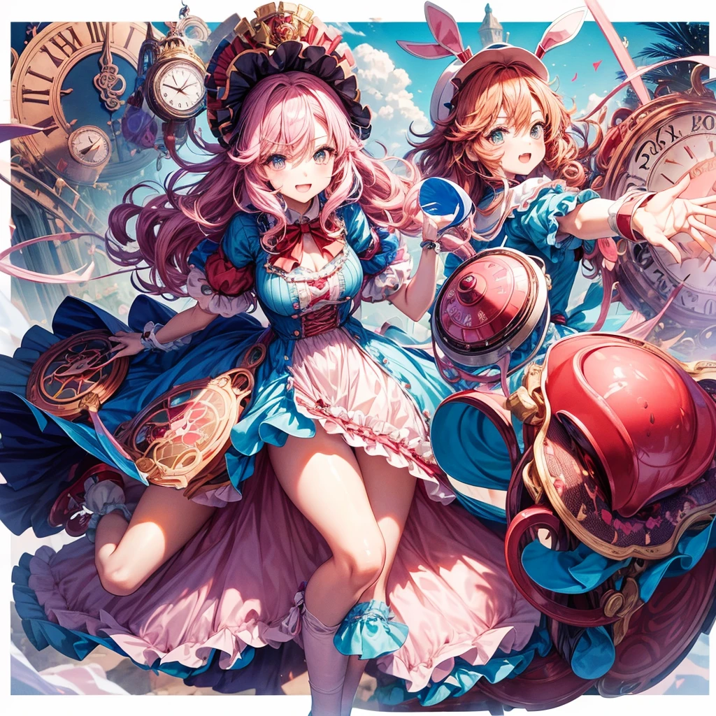 Make me an anime girl with curly pink and blue hair, with clock spring eyes, wonderland style, big black and red queen of heart dress, with a big red bow, and a mad hatter’s hat with bunny ear’s sticking out of the hat, and a big fluffy tail, with a long colorful dress, reference sheet back and front view