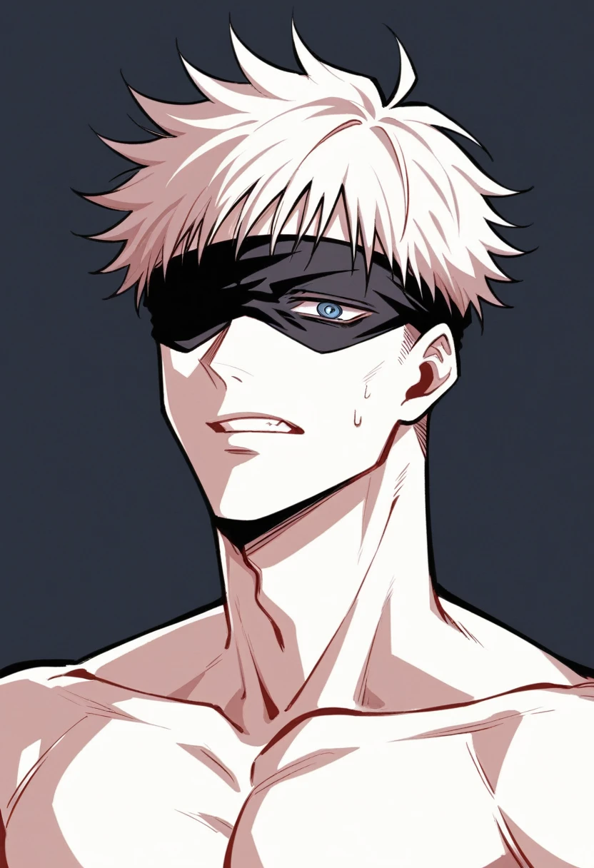 Gojo Satoru from (jujutsu kaisen) is a tall, lean man with a striking appearance. He has white hair, often styled in a spiky manner, and his most distinctive feature is his brilliant blue eyes, which he usually covers with a black blindfold or dark sunglasses. He's undress showing of his 8 packs well defined body with a 8 inch dick