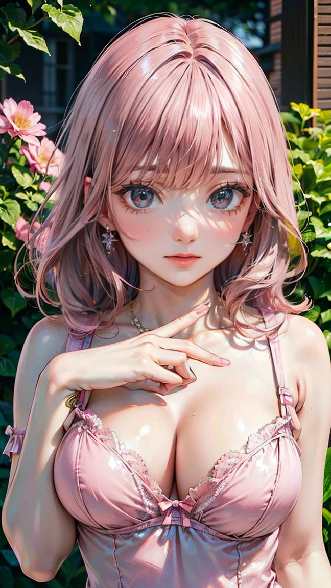(Masterpiece, BestQuality:1.3), (ultra detailed:1.2), (hyperrealistic:1.3), (RAW photo:1.2), High detail RAW color photo, professional photograph, (Photorealistic:1.4), (realistic:1.4), professional lighting, perfect anatomy, (Big Breasts:1.2), (blush, detailed face), (cheerful Smile:1.5), (Pink Hair:1.5), Trending Hair&Trending Hairカラーをランダムに, earrings, necklace, bracelet, sexly, erotic sexly, Random sexy gravure poses, (Beautiful woman in pink lingerie、Flower Garden、Sweet smile、A pose where the shoulder straps of lingerie are pulled with the fingers。: 1.3)