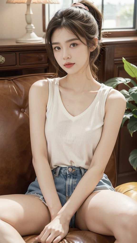 (((best quality))),(((very detailed))),(((masterpiece))),illustration,((1 beautiful girl, College student,alone)),((slim,thin,,flat chest)),(short ponytail:1.2),(sleeveless shirt:1.2), studying, books, dormitory, Summer Afternoon, sky, gloomy shadow, bed, Wooden desk, bookshelf, Soft and warm light, lamp, soft light, Almond-shaped eyes, textbooks, fancy, Beach, city, vacation, laugh, pen, emphasis, notebook, date, leg stretching, A cushion, portable fan, soothing breeze, summer heat, herbal tea, thirst, potted plants, greenery, vibrant leaves, cozy atmosphere, a firm expression, excel test, Summer Vacation, Intellect, crystal, achieve the goal,((sit on the sofa,arms back,spread legs,in front,whole body))
