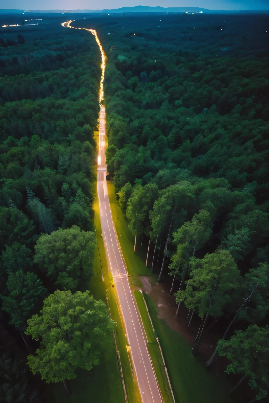 A painting，The picture shows a path with trees on both sides at night，forest，Overlooking，Drone view，