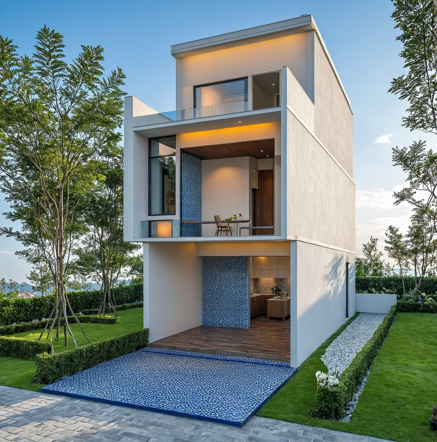 Masterpiece, high-end, best quality, authentic, super detailed, outdoor, aiaigroup, 2-storey mediterranean style townhouse, stairs, white walls, frame of blue paint wind encaustic tiles, gate iron, conwood ceiling, flowers, walkway, summer evening, grass, trees, sky, clouds, (daylight: 1.1)