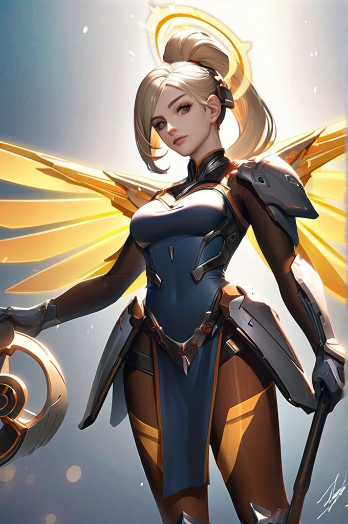 ((Лучшее качество)), ((шедевр)), (подробный), 1girl, alternate eye color, armor, artist name, backlighting, black footwear, black gloves, blonde hair, blue eyes, blue sky, blue wings, bodysuit, breasts, brown legwear, character name, cloudy sky, emblem, eyelashes, eyeliner, faulds, gloves, glowing, glowing wings, gradient, gradient background, greaves, hair tie, headgear, high collar, high ponytail, holding, holding staff, knee boots, light rays, lips, logo, loincloth, long hair, long sleeves, looking at viewer, makeup, mechanical halo, mechanical wings, medium breasts, mercy \(overwatch\), no wings, nose, official alternate costume, pantyhose, patch, pelvic curtain, pink lips, ponytail, print legwear, signature, skin tight, sky, solo, spread wings, staff, turtleneck, wings, yellow wings