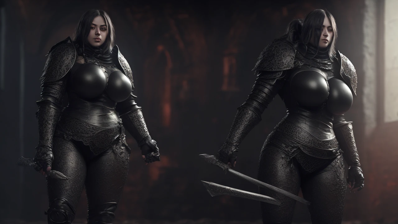 a knight in all black armor, extremely detailed, highly detailed muscular thicc body, huge bouncy breasts, thick strong thighs, blood splatters, cinematic dramatic lighting, hyper realistic, 8k, high quality, masterpiece