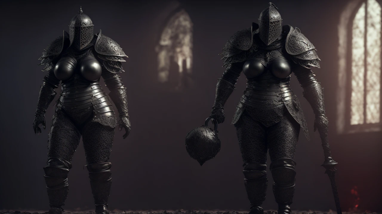 a knight in all black armor, extremely detailed, highly detailed muscular thicc body, huge bouncy breasts, thick strong thighs, blood splatters, cinematic dramatic lighting, hyper realistic, 8k, high quality, masterpiece