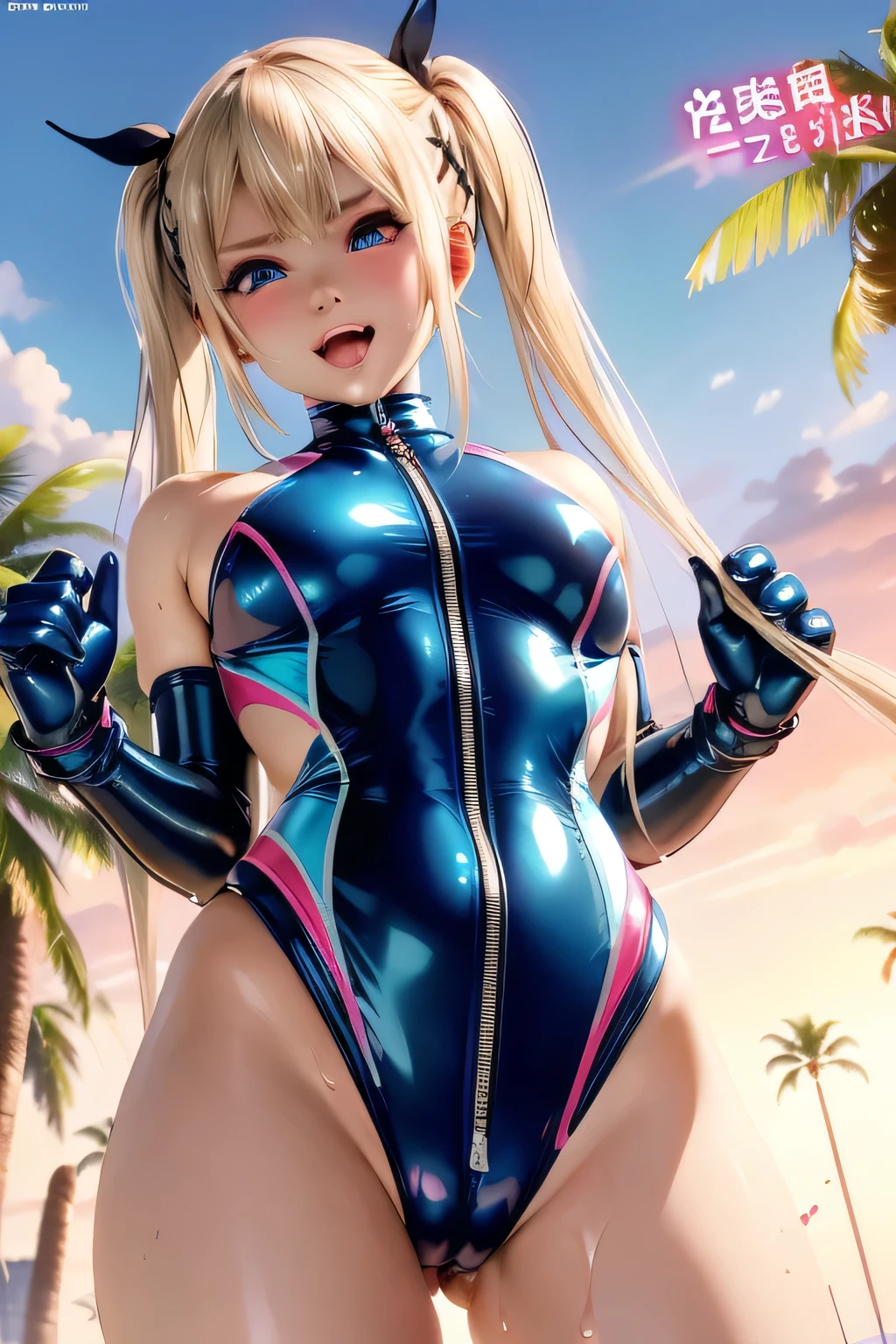 (Colorful magazine cover:1.2),((From below:1.2))、(Show off your crotch)、((Beautiful Neon Cyberpunk Tokyo))Take a sexy pose、pretty 1girl, top-quality、The ultra -The high-definition、hight resolution、extremely details CG、8K Unit Wallpapers、17 age、Beautiful detailed eyes,( Colossal tits),biomechanical oppai,pigtail hair、(((Competition swimsuit with lines、High Neck Competition Swimwear、zippers)))、Sleeveless、(a wet body:1.4)、(Shiny body,:1.6)、 blush, Sweat,be shy、(Ahegao:1.5)、(Stick out your tongue and drool)、red blush、full of shyness、