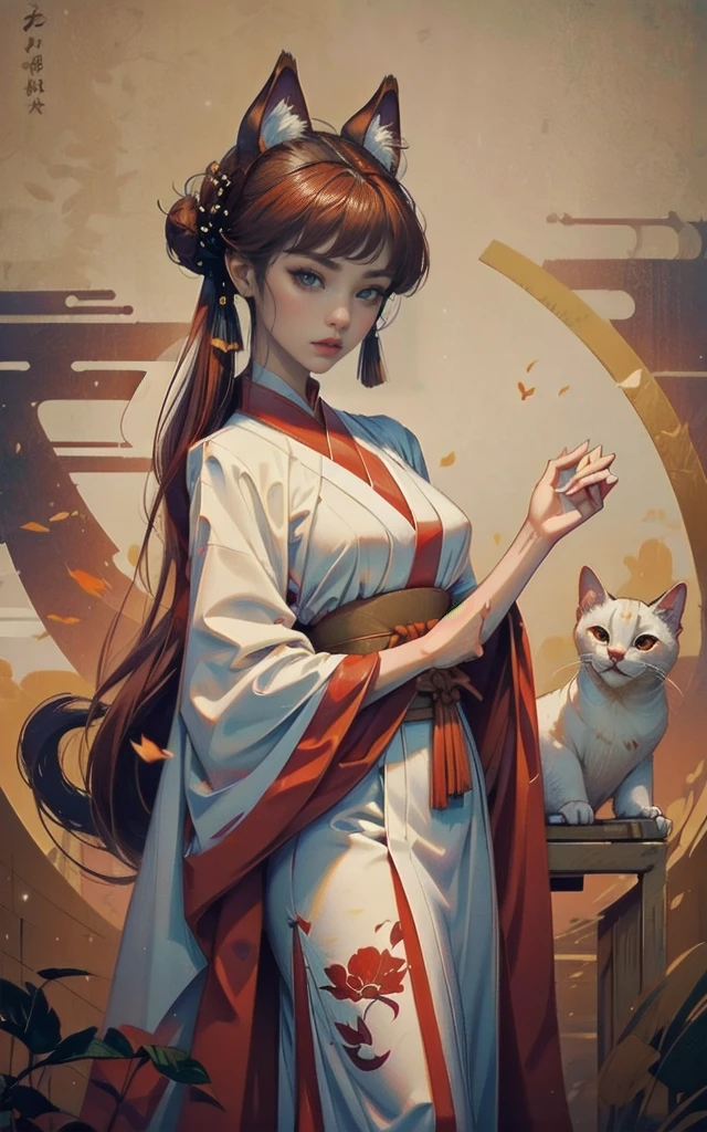 ((Masterpiece)),(Best Quality), (Cinematic),(Extremely detailed CG Unity 8k wallpaper),1girl, fit,Delicious company,revealing clothes, intricate outfit,fit, small breasts,very long red hair,big cat eyes,one Stunning hanfu cat girl with a beautifully designed fine and perfectly fitting white with red paint bakeneko/nekomata noh-theatre mask in one hand. she is dancing in front of plain graphic japanese background. her hands are very graceful presenting a fan. She wears tight-fitting hanfu clothing with georgeous patterns and also transparent flowing fabric. cat ear, vampy fang,cateyes, white devon rex cat, eine Ganzkörperaufnahme, die Tradition und Moderne verbindet