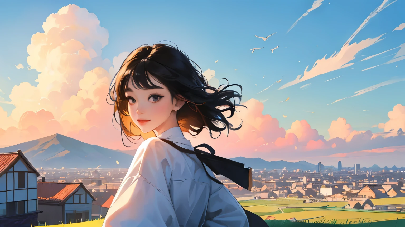 ((masterpiece)),(((bestquality))),((ultra-detailed)) realisticlying, 1 girl, Beautiful, black hair, happy, solo, The sky morning, looking to viewer, home.