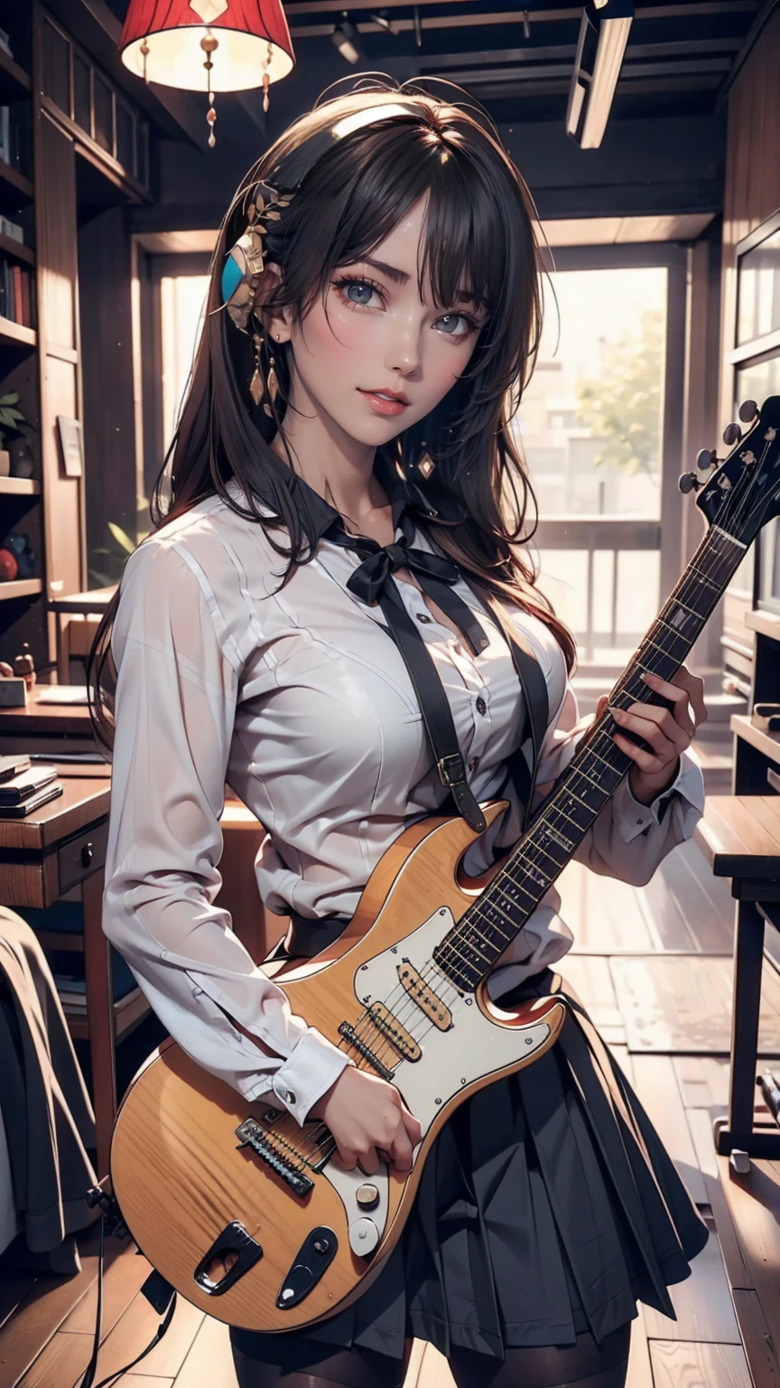 Highest quality,masterpiece,Ultra-high resolution,(Photo Real:1.4),One girl,View your viewers,Japanese women,garter belt、Garter Stockings、Punk Rock、3 women、Rock Live、Electric guitar、base、drum