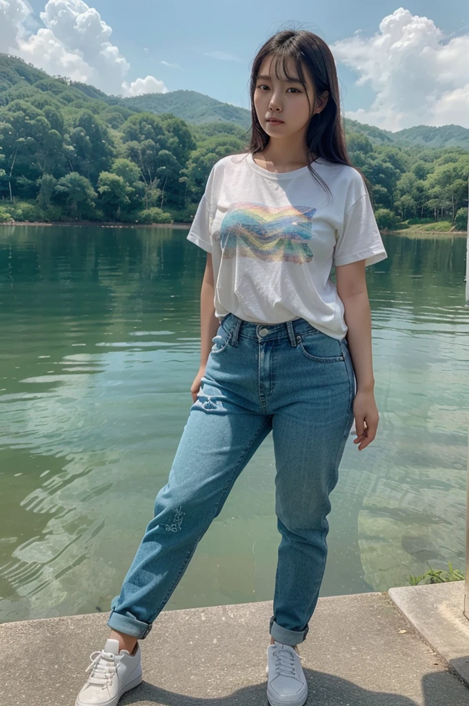 a beautiful Korean woman with a chubby body wearing a rainbow colored t-shirt, long jeans, white shoes, was standing, in the atmosphere of a lake with bluish green water and small islands emitting water. realistic. high angel shot.