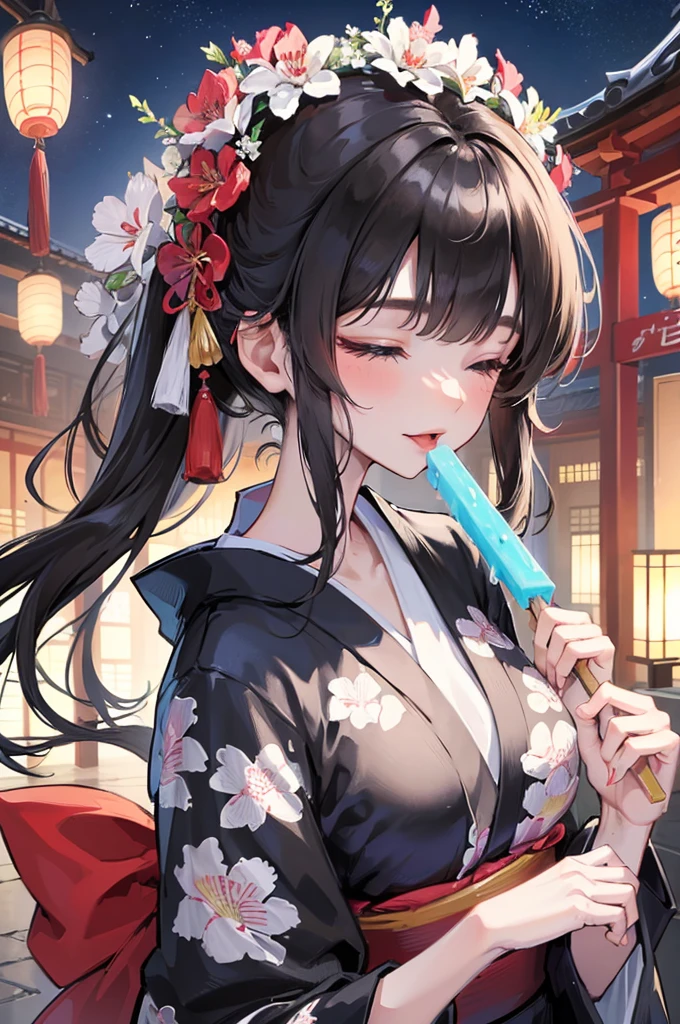 (Stretching out sexy tongue, sexy kiss and Lick:1.2 a popsicle) (solo:2, 15 yo blunt bangs:1.2 black hair long hair shrine maiden cute girl, sexy closed eyes, love smile), (in a cute yukata), break, (in the night Japanese festival venue), BREAK, perfect anatomy, masterpiece, best quality, 16k, beautiful detailed hot, daydreaming expression.