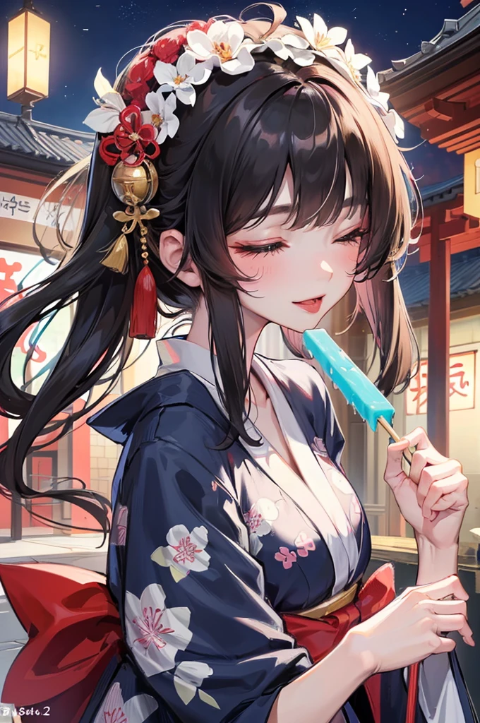 (Stretching out sexy tongue, sexy kiss and Lick:1.2 a popsicle) (solo:2, 15 yo blunt bangs:1.2 black hair long hair shrine maiden cute girl, sexy closed eyes, love smile), (in a cute yukata), break, (in the night Japanese festival venue), BREAK, perfect anatomy, masterpiece, best quality, 16k, beautiful detailed hot, daydreaming expression.