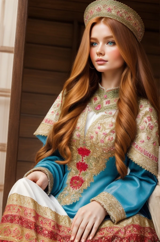 A gorgeous, pretty, shiny, kind-hearted, warm-hearted, sweet, polite, sensitive, friendly, charming, graceful, stylish, classy, alluring, majestic, ethereal, angelical ginger long haired russian woman dressed in traditional colourful folk costumes.