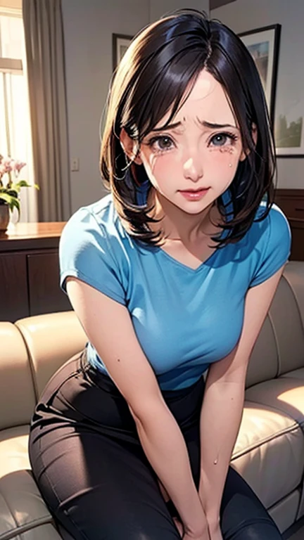 1 Woman, Japanese Woman,(Housewife:1.5),(40 Years Old:1.68),(Attractive Mature Woman:1.66),(Middle Age:1.78),(Small Round Face:1,69),(small breasts:1.5),((graduated haircut)),Casual, simple blouse,V-neckline,knee-length skirt, blouse in bright colors,pastel shades,(((cafe interior,in room))),(Pressing the crotch with the hand on the skirt:1.72),(aroused:1.58),(tears:1.24)