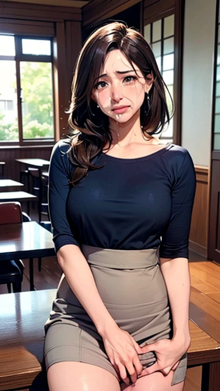 1 Woman, Japanese Woman,(Housewife:1.5),(40 Years Old:1.68),(Attractive Mature Woman:1.66),(Middle Age:1.78),(Small Round Face:1,69),(small breasts:1.5),((graduated haircut)),Casual, simple blouse,V-neckline,knee-length skirt, blouse in bright colors,pastel shades,(((cafe interior,in room))),(Pressing the crotch with the hand on the skirt:1.72),(aroused:1.58),(tears:1.24)