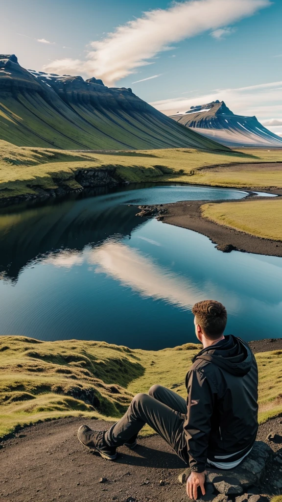 A man traveler enjoying view of iceland with his girlfriend very beautiful view of landscape iceland 
