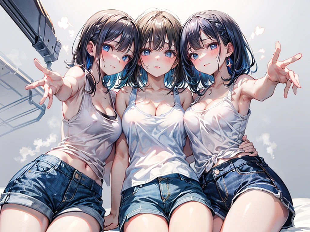 (Best quality, 8k, 32k, Masterpiece, UHD,:1.2),RAW, 1girl,ultra cute , natural lighting,transparent shining eyes, 20yo ,fair complexion, (ecstasy:0.8) ,(slut:0.8), (vulgarity:0.8), (fucked silly:0.8),(steam:0.8),(trembling:1.3)),((tank top, denim short pants, )) ,From Below, sitting with legs outstretched, White background, Cowboy shot, medium hair, wedgie, french braid, Cleavage, erect nipple
