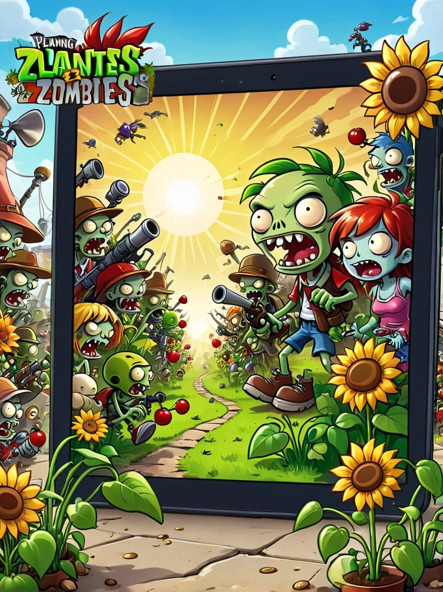 A screen shot showing a gaming video on the popular video-sharing platform,The game being played is a vivid fictional action-adventure game Plants vs. Zombies,The setting is a detailed fantasy world filled with all kinds of weird plants and zombies,Pea shooter,Potato mines,sunflower,(Cherry Bomb),Chomper,(Gatling Pea),Flag zombies,Exaggerated art illustration