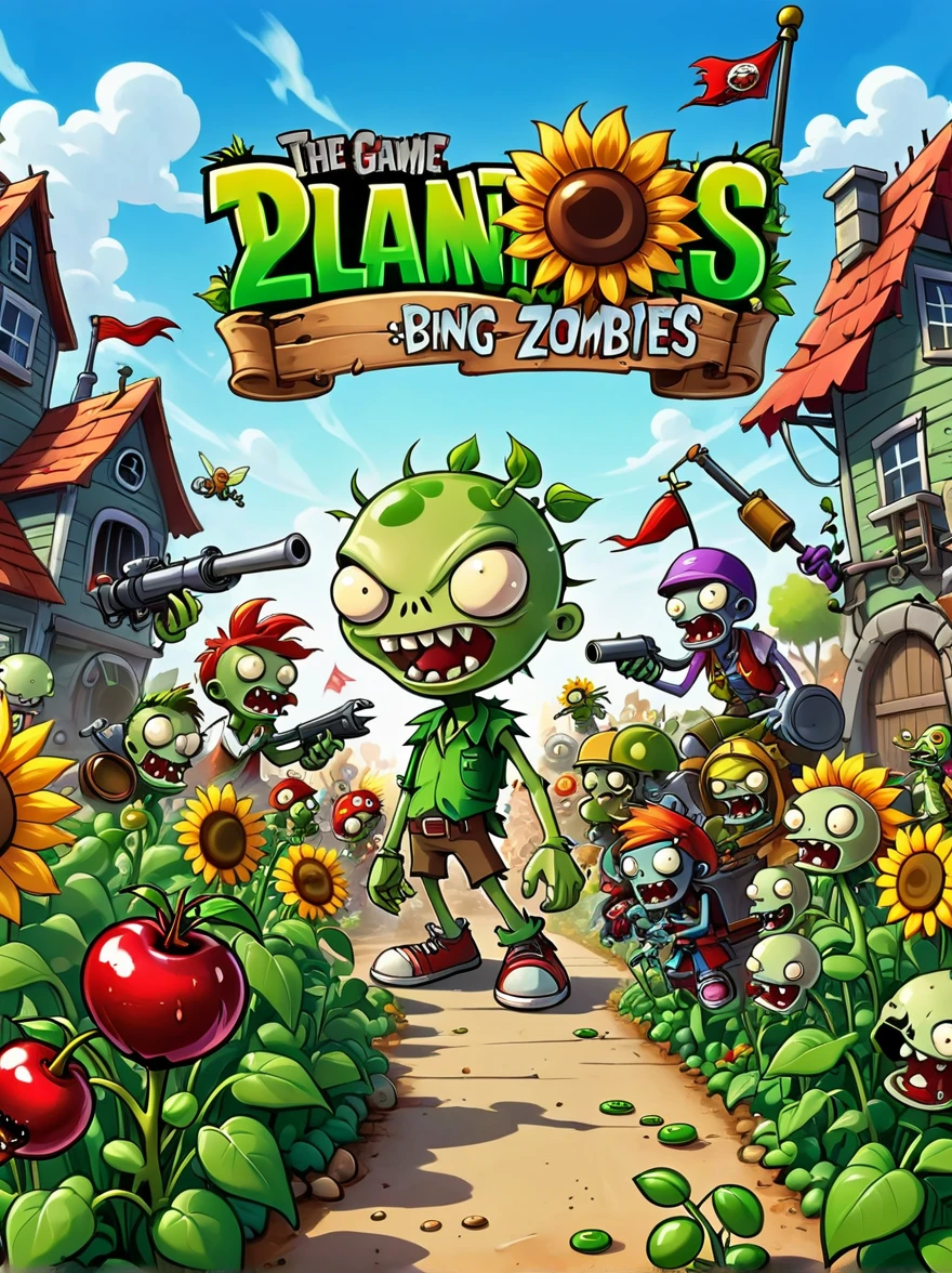 A screen shot showing a gaming video on the popular video-sharing platform，The game being played is a vivid fictional action-adventure game Plants vs. Zombies，The setting is a detailed fantasy world filled with all kinds of weird plants and zombies，Pea shooter，Potato mines，sunflower，(Cherry Bomb)，Chomper，(Gatling Pea)，Flag zombies，Exaggerated art illustration