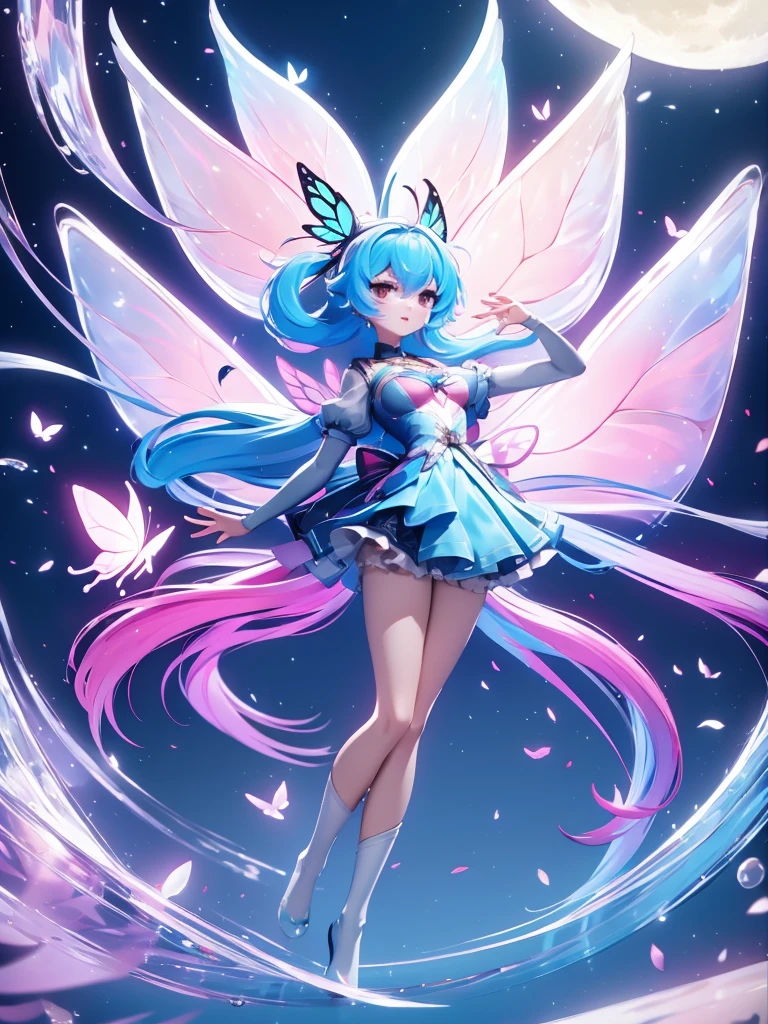 hair divided on half, Seizo Watase style, Simple Line Initialism,Abstract art, 3d character, colorful hearts ,(((The most beautiful girl of all time))), (full body 1.2), only girl, very long hair, bufferfly and sky background, old, full body, (((8k))), (((3d)), blue and pink hair, Large butterfly wings on the back, moon, one hand raised above, white long socks,