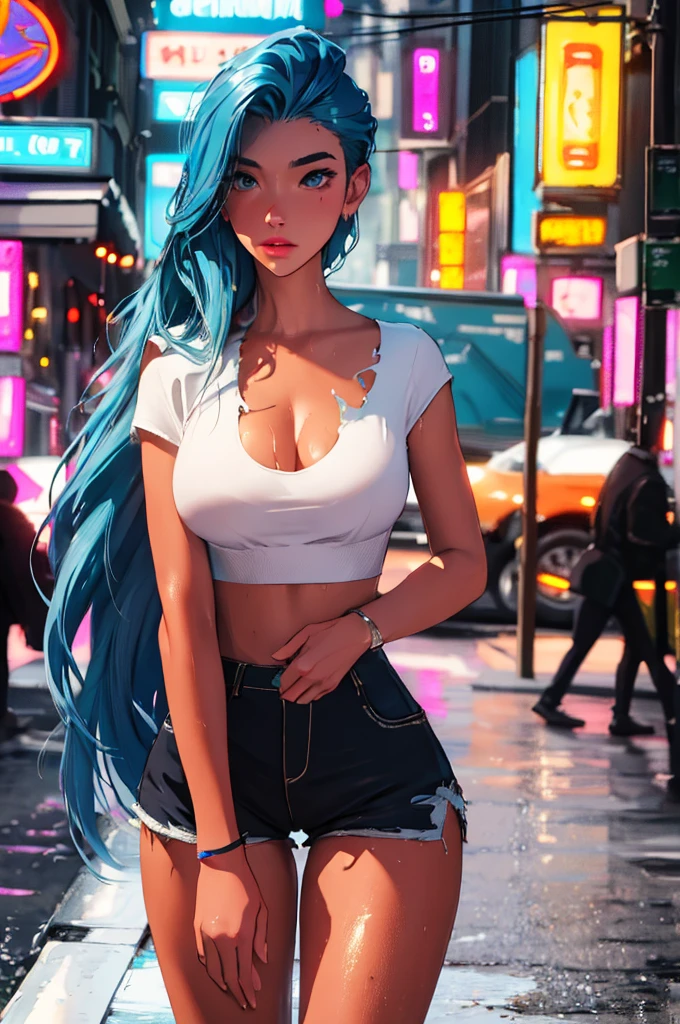 (best quality: 1.2), clean face, (masterpiece: 1.2, 8k)(PureErosFace_V1: 0.7), perfect anatomy, 1girl,a beautiful fashion model ,(masterpiece, official art, best quality) (wet skin, shiny skin) ,long and shiny hair, blue hair with streaks in hair, long hair, full lips, upturned nose , big breasts, looking at viewer, revealing outfit, absurdity, intricate details, city, dynamic pose, night, neon signs, cinematic lighting, (highly detailed skin: 1.2), wearing
 short shorts and a tight white top, cleavage, torn clothes