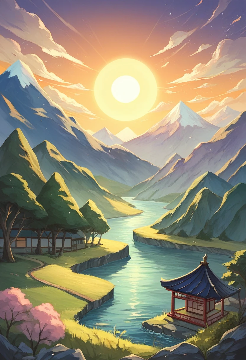 A very detailed and mystical realistic Japanese dragon flies over a river that winds between the rocks. It is magnificent and spiritual. In the distance, a traditional Japanese village near the mountains. The sun rises and we still see planets, the galaxy and the Milky Way