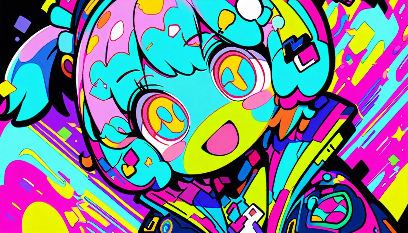 Vibrant art,pop、bright、colorful, 1 female, ライトblueの髪, short hair、Happy,cute, Animation Style, cute, clearly, colorful cyberpunk, bubblegum pop, cute、ピンクとライトblueをメインカラーに、I'Cheer loudly、 Wearing headphones、tropical, summer、 Blue as the base color、blue、Cool atmosphere、Refreshing、summerっぽい