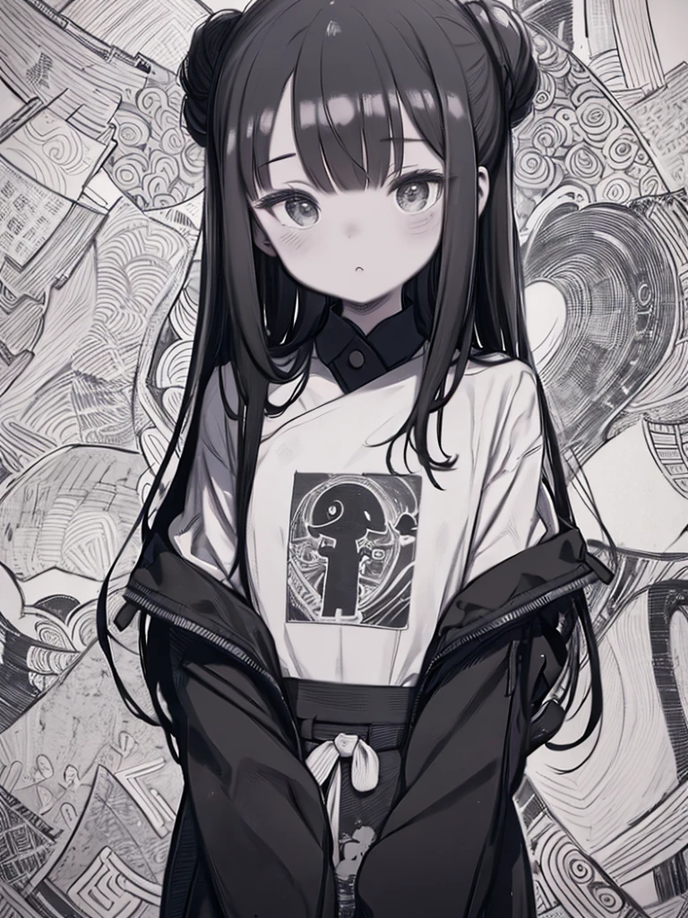 ((Line art、A picture drawn with thick lines))、Graffiti style、Street Art、Black and white painting、monochromatic、Monochrome、Flat Color、One Woman、Watching the audience、Upper Body、