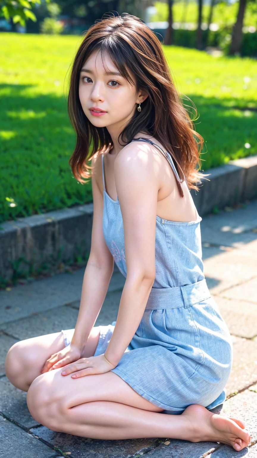((((Detailed explanation)))),(((masterpiece、Highest quality、Very detailed:1.42、Focus on the eyes)))、Female in her late s、Portraiture、Blurred cityscape at dusk、Silhouette of buildings and street lampedium length dark-brown hair、natural wavy curls、The wind is blowing softly、Some hair falls to the side of the face、Skin is smooth、Healthy olive color、The tan lines are faintly visible、Natural redness on the cheeks、I have a few small laugh lines on my forehead、Eyes with dark brown irises、The pupil is shining, Reflects light、Long curled eyelashes、Highlights the eyes、Eyebrows are thin and trimmed、Natural Arch、Small nose、straight、straight nose、lips are plump、soft pink lip gloss、Ultra-thin camisole、Barefoot and barefoot、A simple silver bracelet on her right wrist、A small diamond earring sparkles in her left ear..、The expression is calm、have confidence、smile、(((Emphasize the contrast between light and shadow)))、Realistic textures and facial details