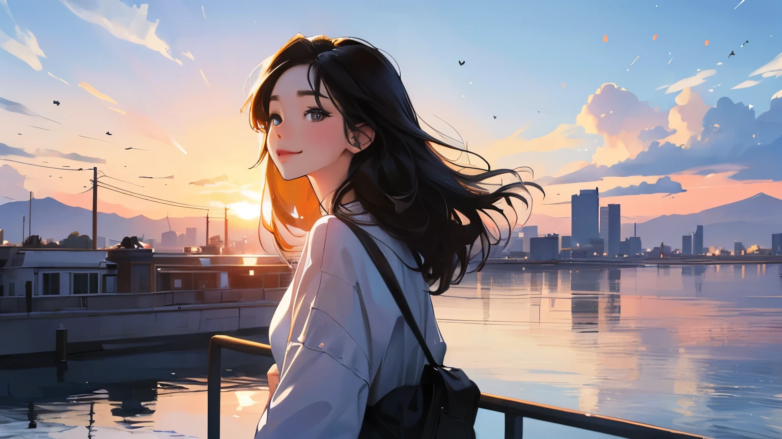 ((masterpiece)),(((bestquality))),((ultra-detailed)) realisticlying, 1 girl, Beautiful, black hair, happy, solo, The sky morning, looking to viewer, home.