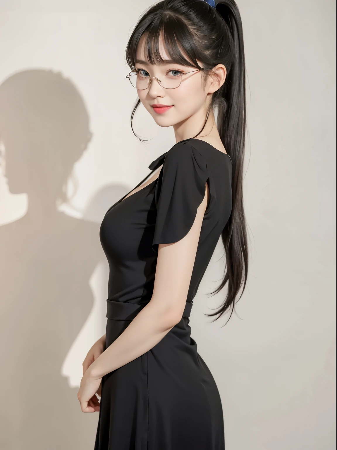 (Best quality, masterpiece, detailed), (RAW, 4k, hd images), 1 girl, , white skin, long hair, ponytail, layers hair, bangs, black hair, beautiful girl, cute girl, sweet girl, pretty girl, perfect girl, perfect body, pretty eyes, blue eyes, thin lips, (eye line, lip soft), perfect round breast, glasses(detailed frame), simple background, smile, thigh, legs, black long dress, full body, standing facing camera, random angle capture