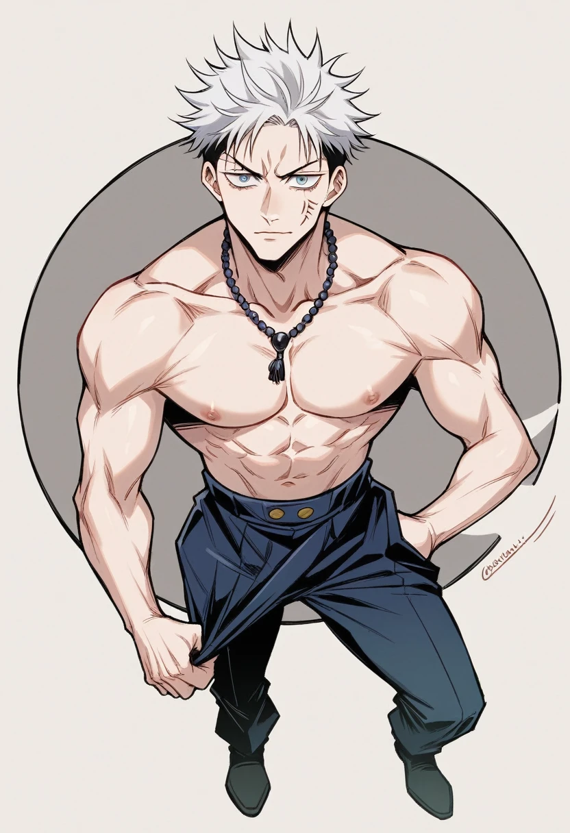 Gojo Satoru from (jujutsu kaisen) is a tall, lean man with a striking appearance. He has white hair, often styled in a spiky manner, and his most distinctive feature is his brilliant blue eyes, He's undress showing of his 8 packs well defined body with a 8 inch dick. Full body pic