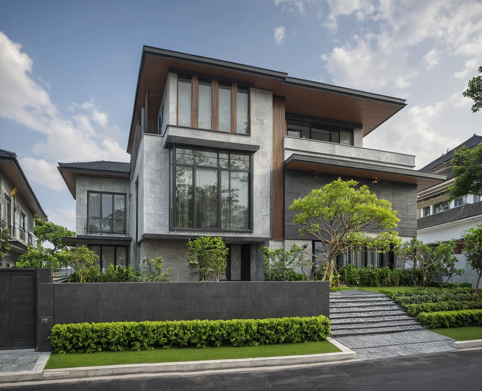 modern villa on street, (daylight), tropical tree, (slope roof, black tiled roof:1.2), vivid color, streetcapes, nice sky, grey tone, large glass door, warm interior lighting, modern material, best quality, ultra realistic, masterpiece, 17ArchiAI_XL_VL-v1