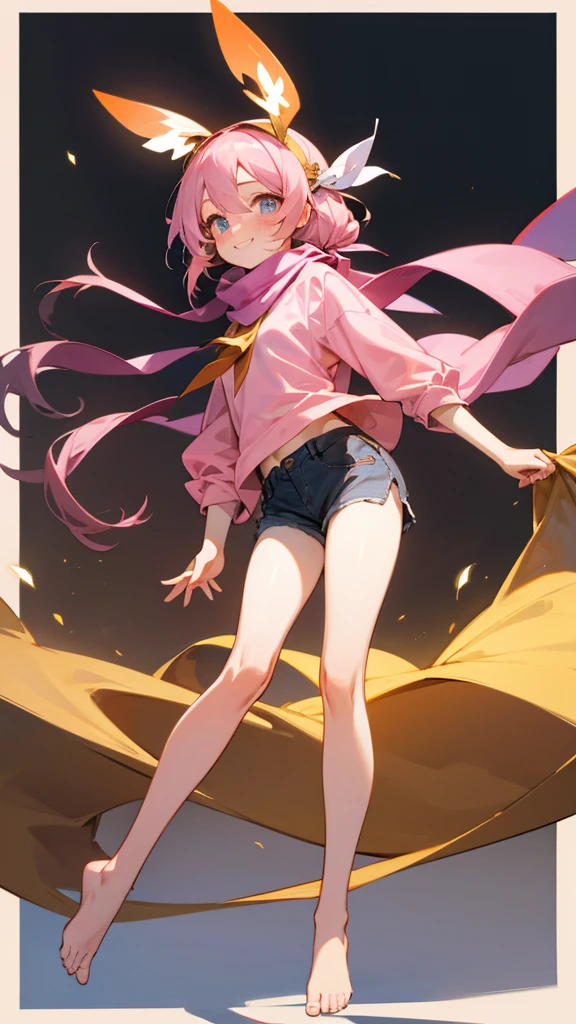 Expressive eyes,1 girl,Long hair, (masterpiece), best quality, Expressive eyes, Smile,whole body , blush, firefly, (Bare legs),Pink shirt,shorts,scarf, Hair accessories