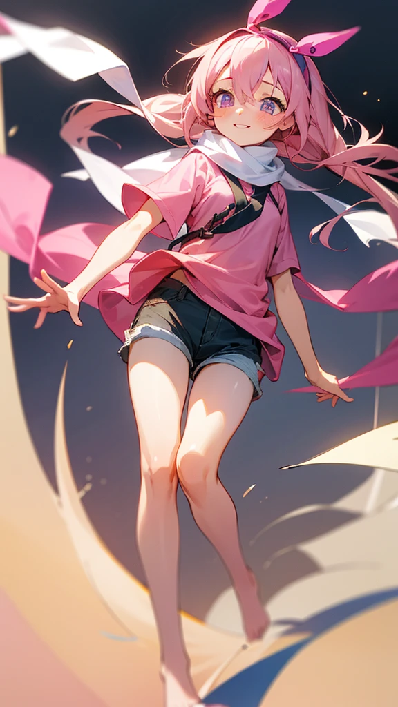 Expressive eyes,1 girl,Long hair, (masterpiece), best quality, Expressive eyes, Smile,whole body , blush, firefly, (Bare legs),Pink shirt,shorts,scarf, Hair accessories